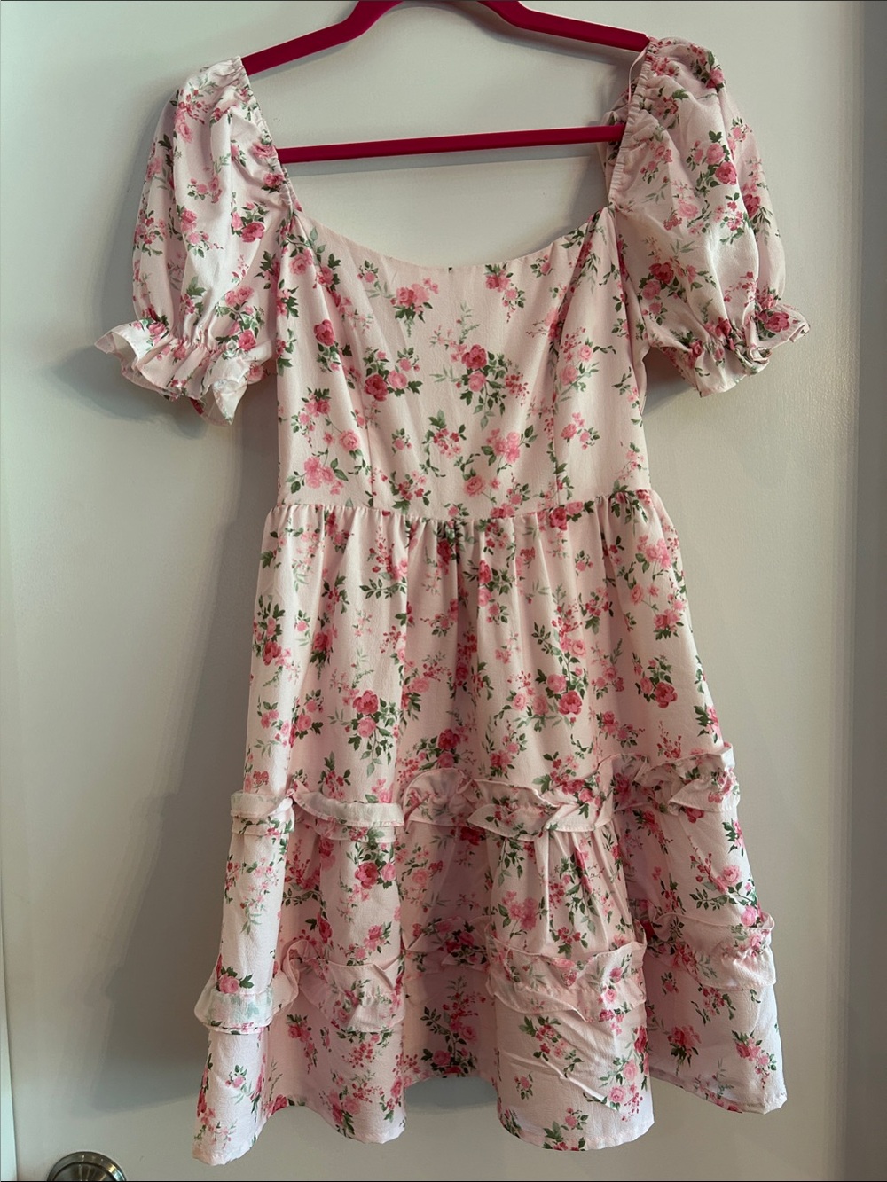 Altar'd State Pink Floral Puff-Sleeve Tiered Dress
